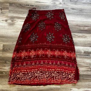 Red and Cream Printed Midi Skirt w/ Side Slits